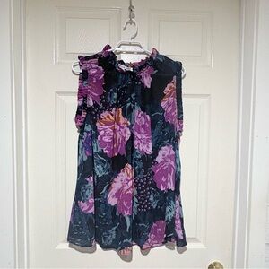 Sleeveless Floral Ruffle Neck Top - Purple Floral